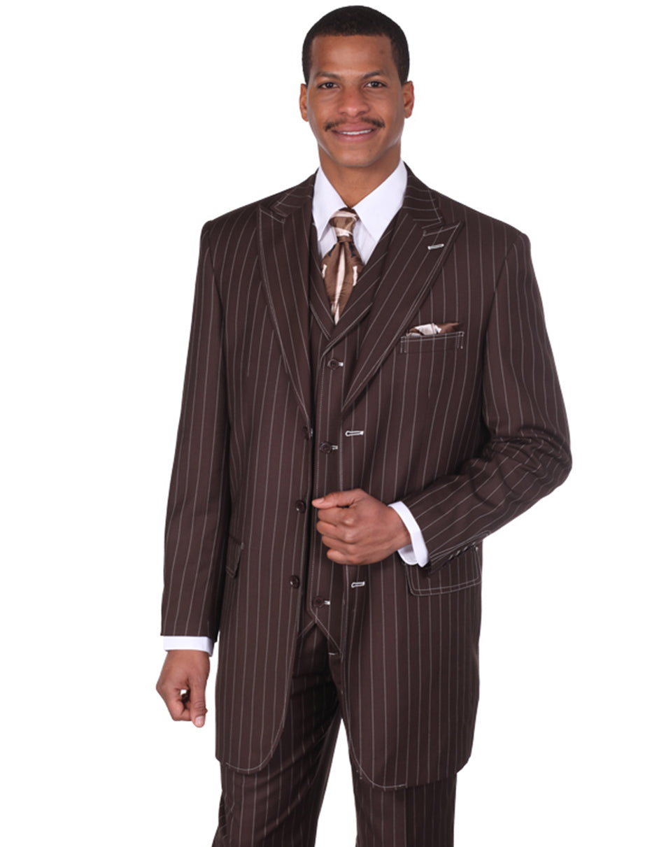 3 Button Brown Pinstripe Gangster Suit