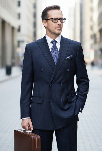 Men's Navy Blue Striped Double Breasted Suit Fortini 5911