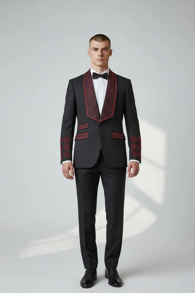 Menβs Bella Embellished Black & Royal Blue Tuxedo β 3 Piece Formal Suit with Shawl Lapel, Vest & Matching Pants