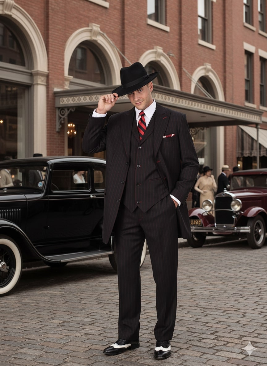 Men's 1920s Black Red Pinstripe Zoot Suit 3-Piece