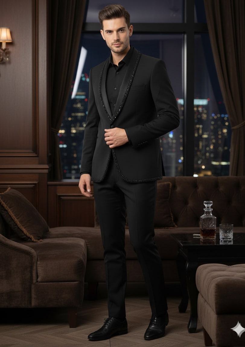 Mens Classic Black Designer Tuxedo Suit with Beaded Lapel – Elegant Formal and Party Wear Jacket and Pants