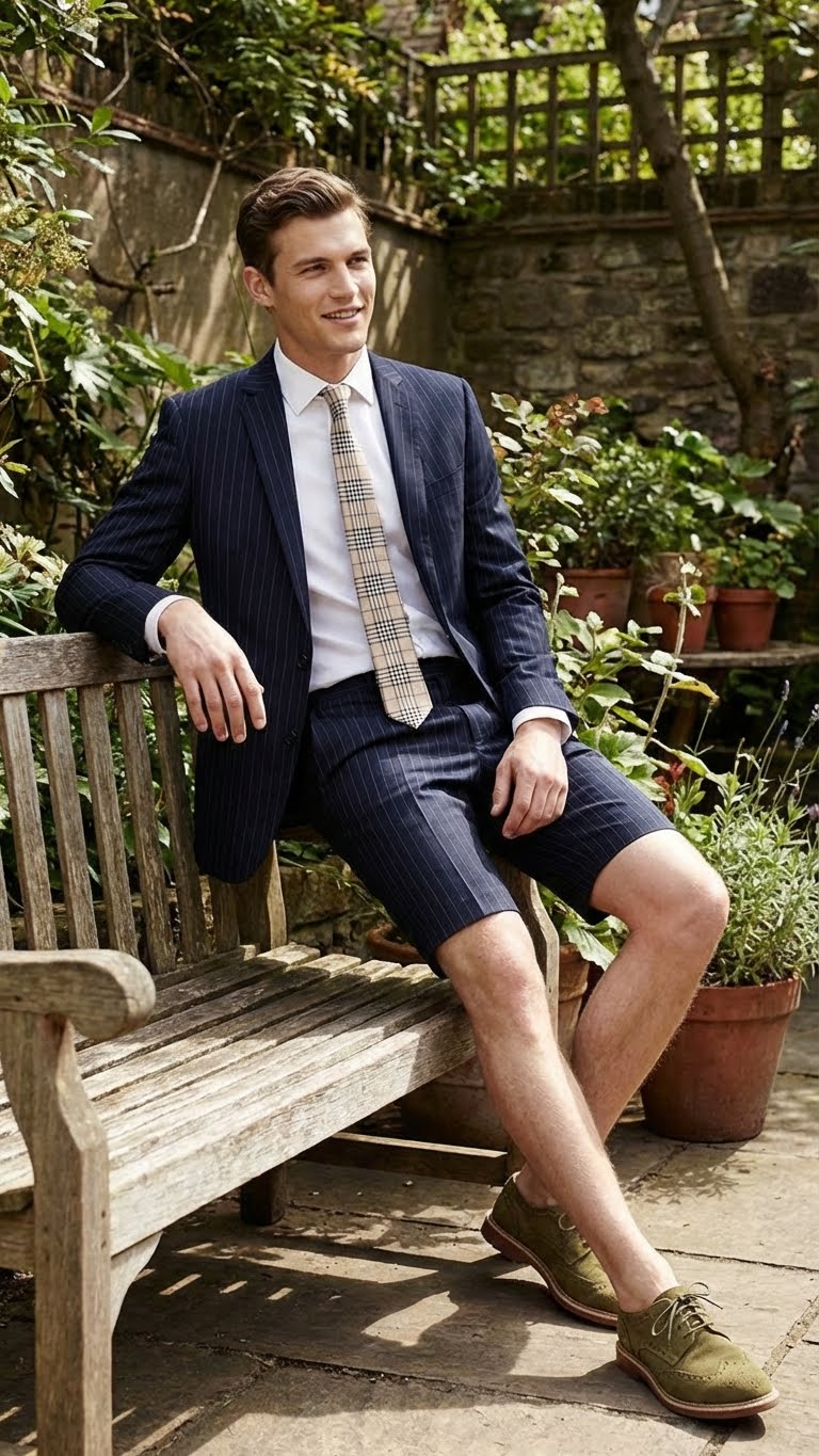 Men’s Dark Navy Blue Pinstripe or Black Pinstripe Summer Business Suit with Shorts Pants Set – Sport Coat Style Formal and Casual Outfit