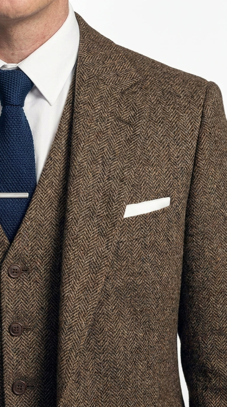 Men's Thomas Shelby Brown Tweed Herringbone 3-Piece Suit – Peaky Blinders 1920s Vintage-Style Suit with Matching Vest & Trousers