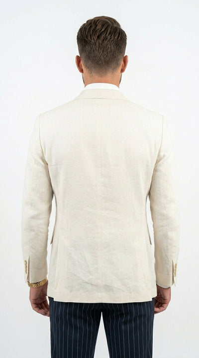 Menβs Ivory Linen Double Breasted Blazer, Lightweight Wedding Dinner Sport Coat Jacket Cream Off White