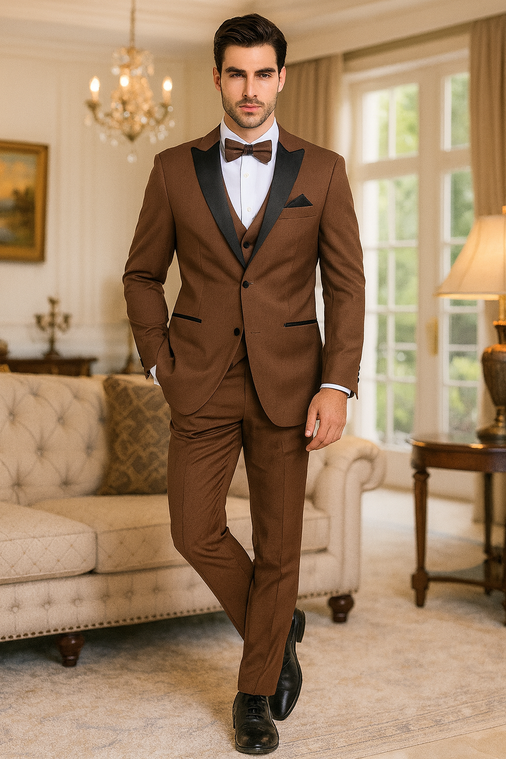 Men’s Light Brown Tuxedo with Black Satin Lapel