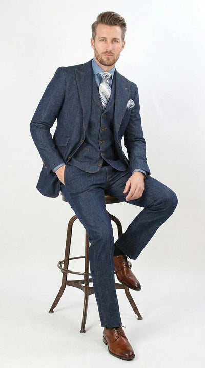 Menβs Pleated Pants Dark Blue Denim 3 Piece Suit β 100% Cotton Formal Suit Set, Blazer Vest Pants Outfit Classic Fit Athletic Fit Lose Fit