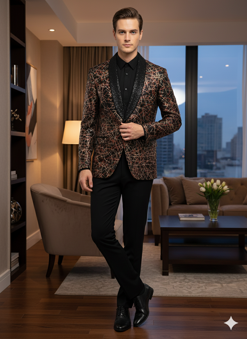 Men’s Black Blazer with Red & Gold Pattern