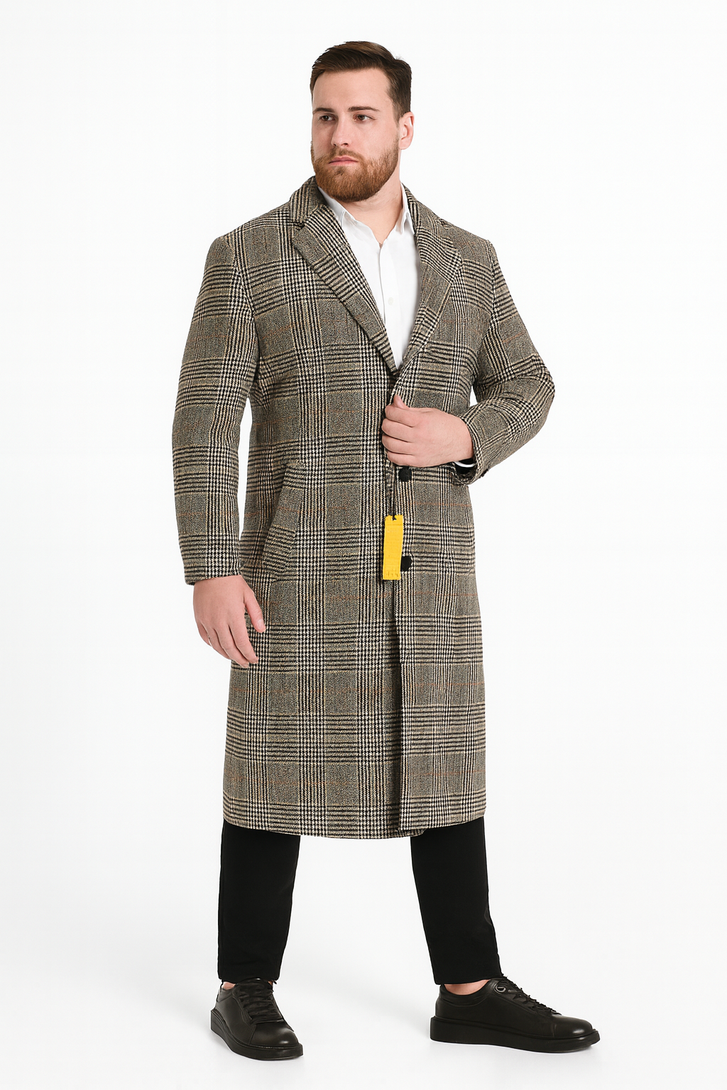 Long Plaid Checkered Wool Blend Overcoat for Men
