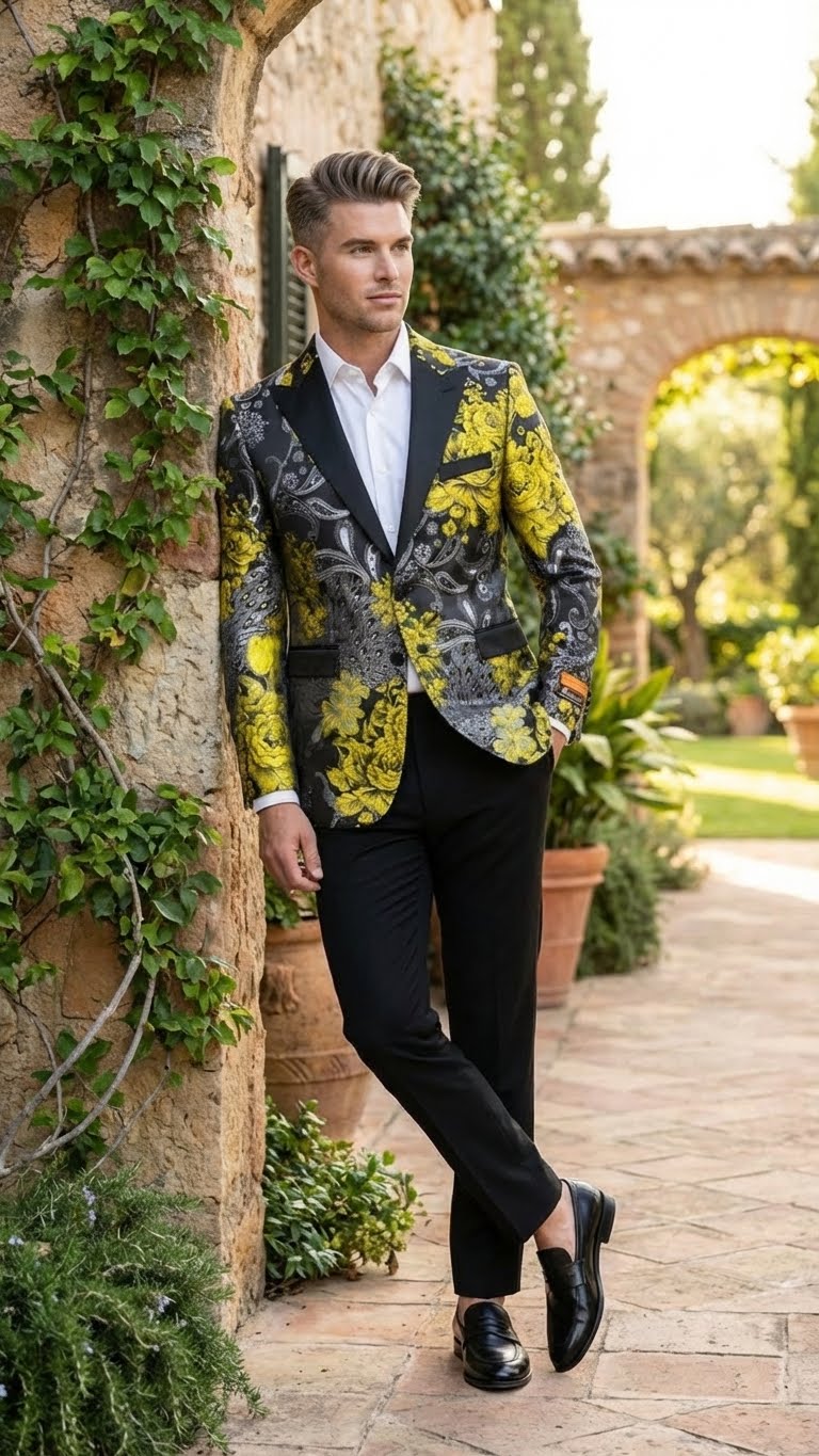 Men’s Yellow Tuxedo Black and Gold Floral Pattern Blazer | Formal Jacket - Prom Dinner Jacket + Black Pants + Bowtie