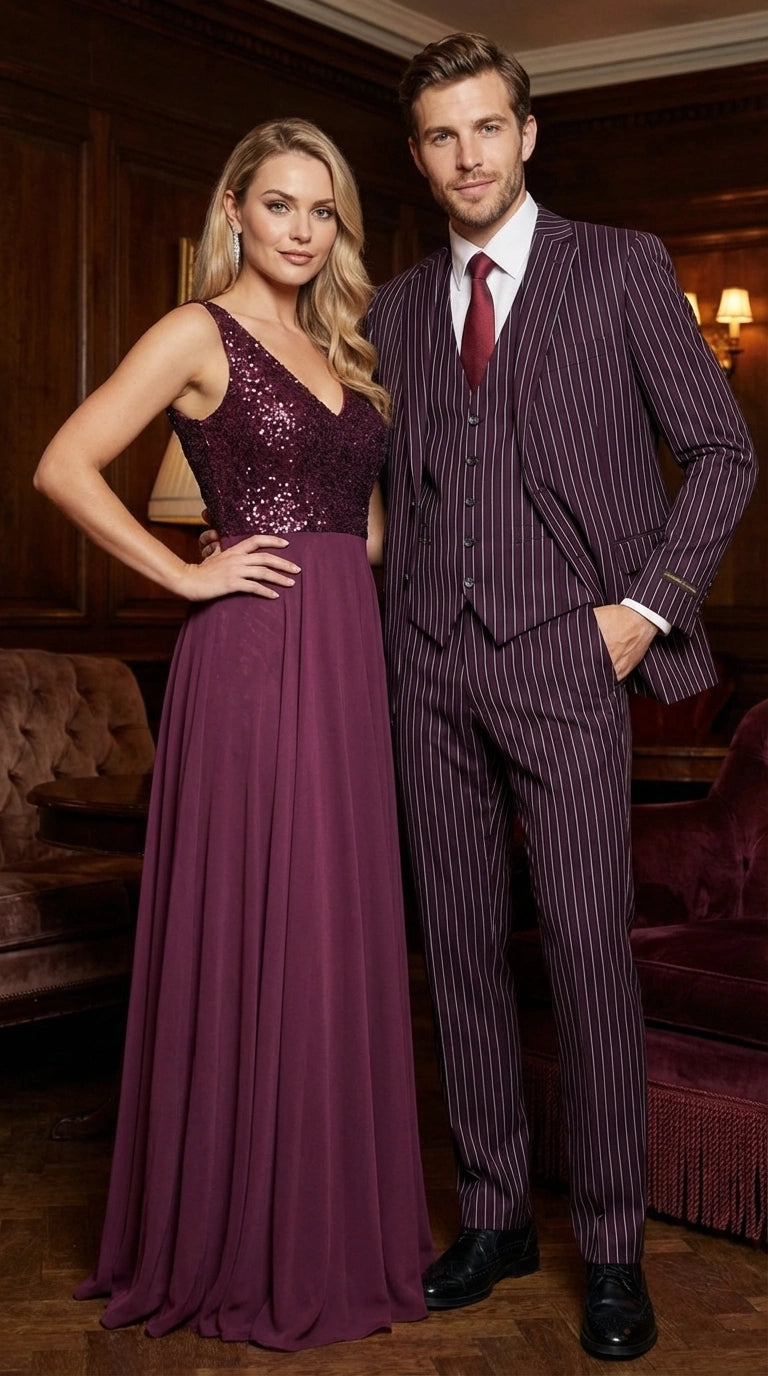 Men’s Plum Eggplant Pinstripe 3 Piece Suit – Burgundy Purple Formal Suit Gangster 1920s Mafia Pimp Suit