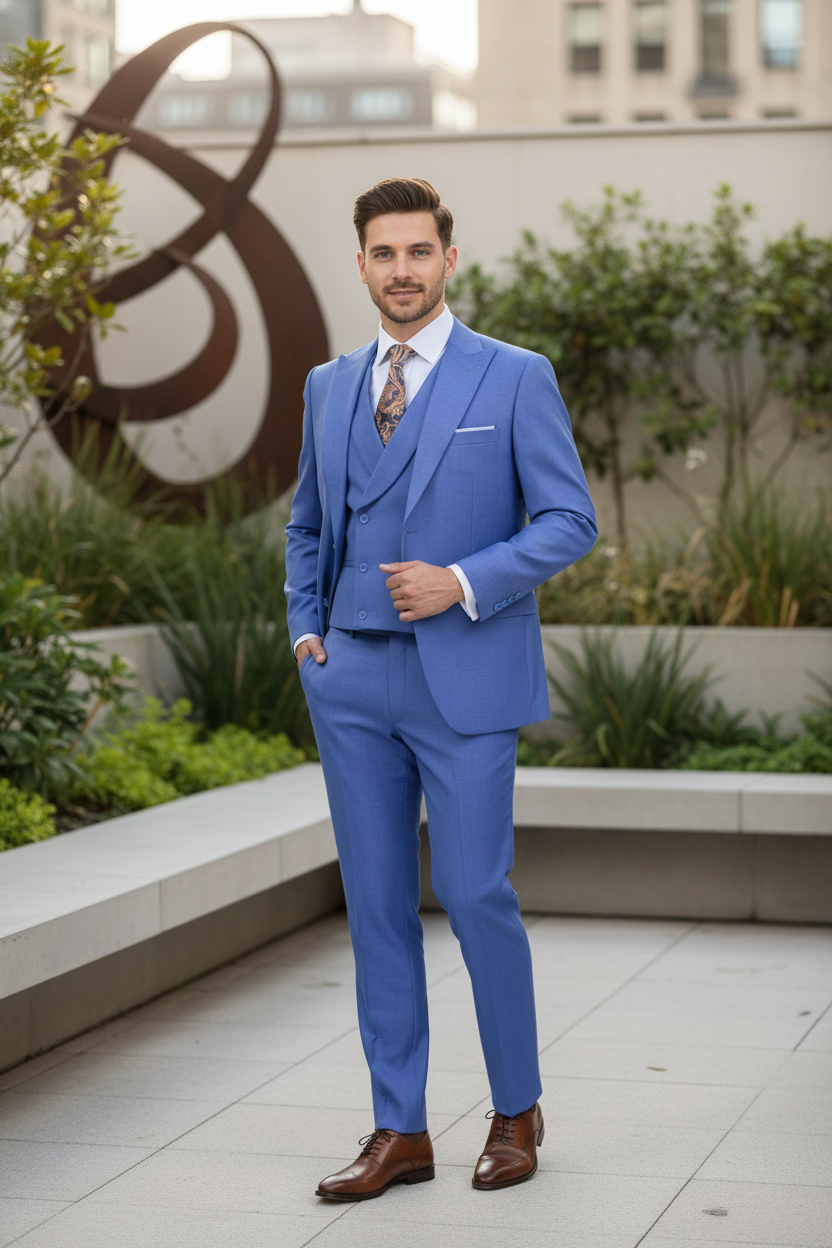 Men’s Light Blue Double-Breasted 3-Piece Suit Set – Tailored Fit Formal Business Suit in Steel Blue Sky Blue Color