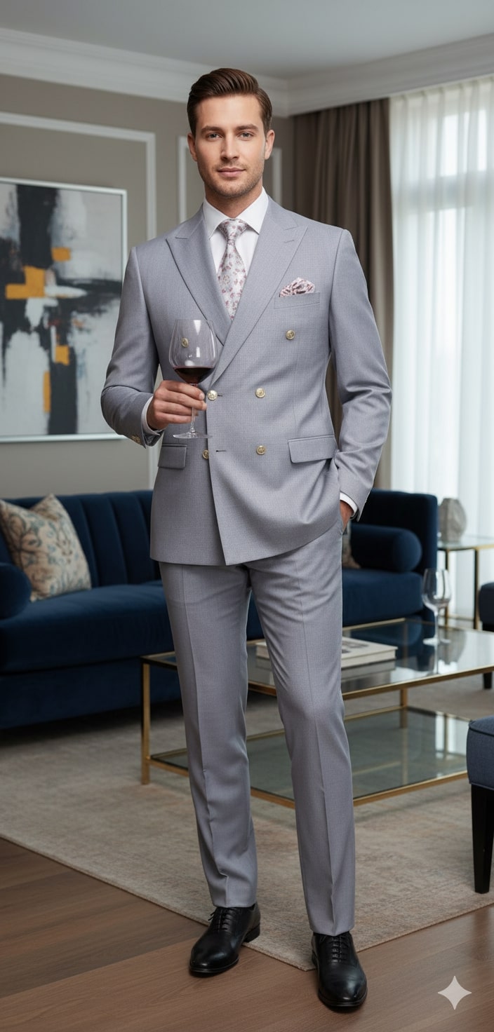 Silver Double-Breasted 3-Piece Suit - Tailored Fit
