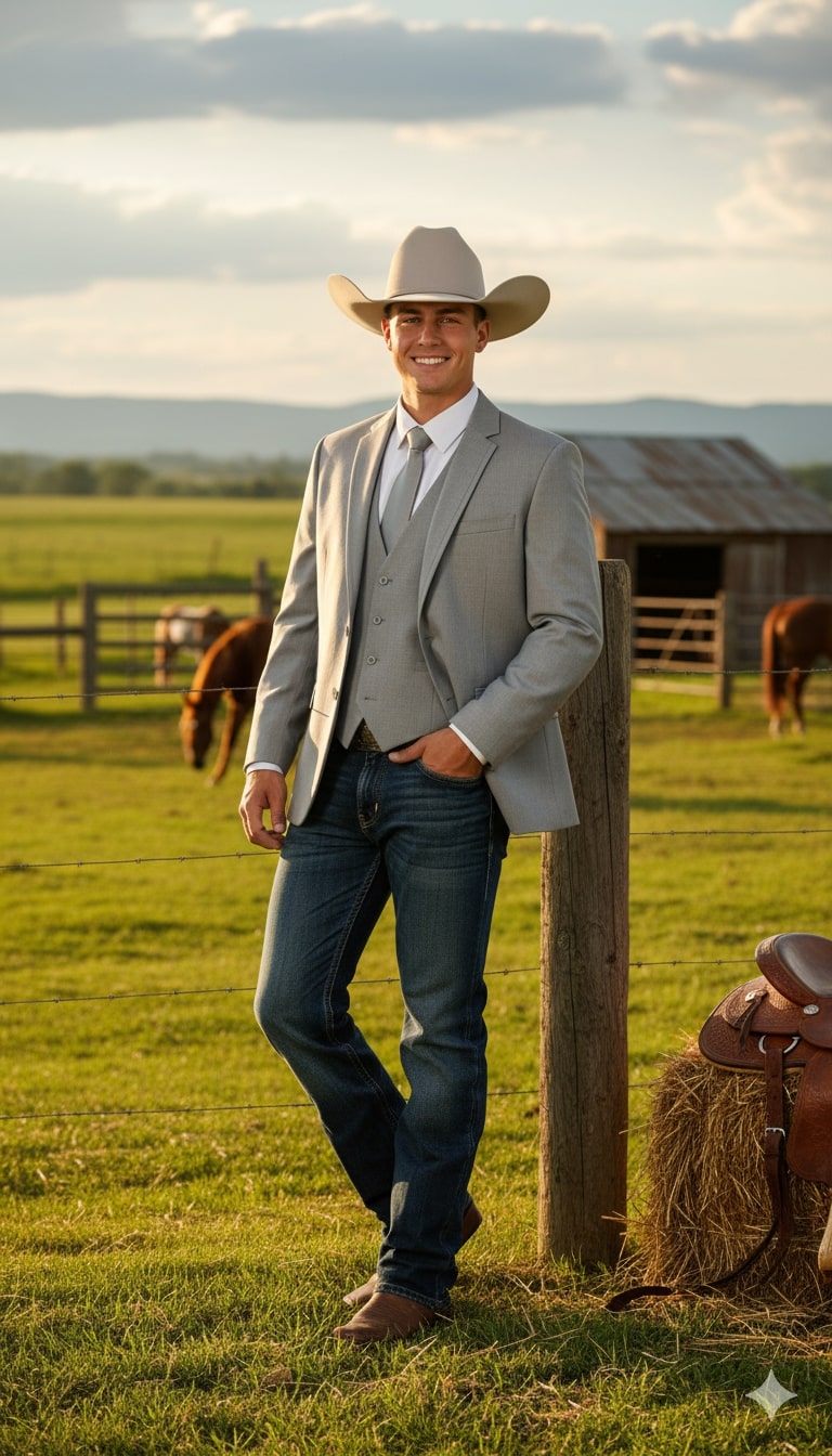 Mens Western Wedding Blazer – Light Gray Cowboy Suit Jacket for Rustic and Country Weddings