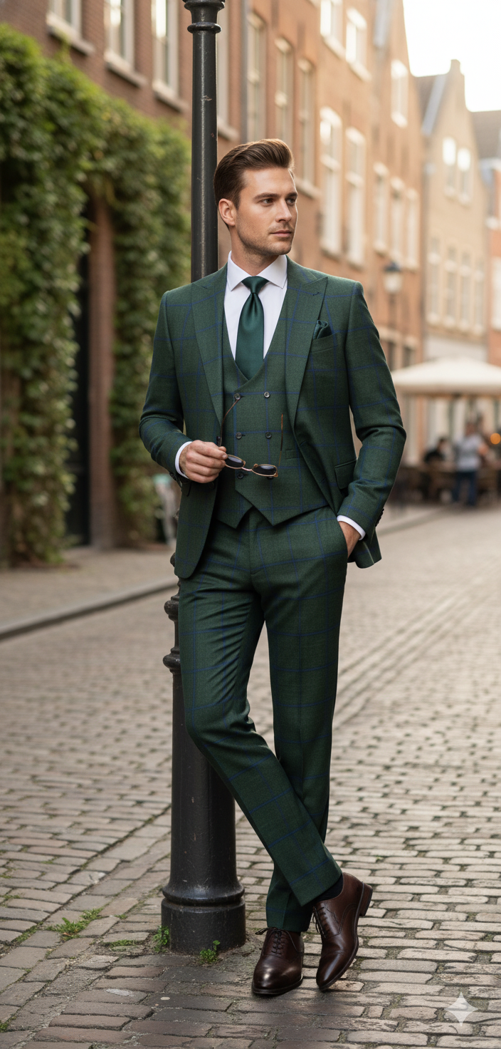 Men’s Green Plaid Classic Slim 3-Piece Suit