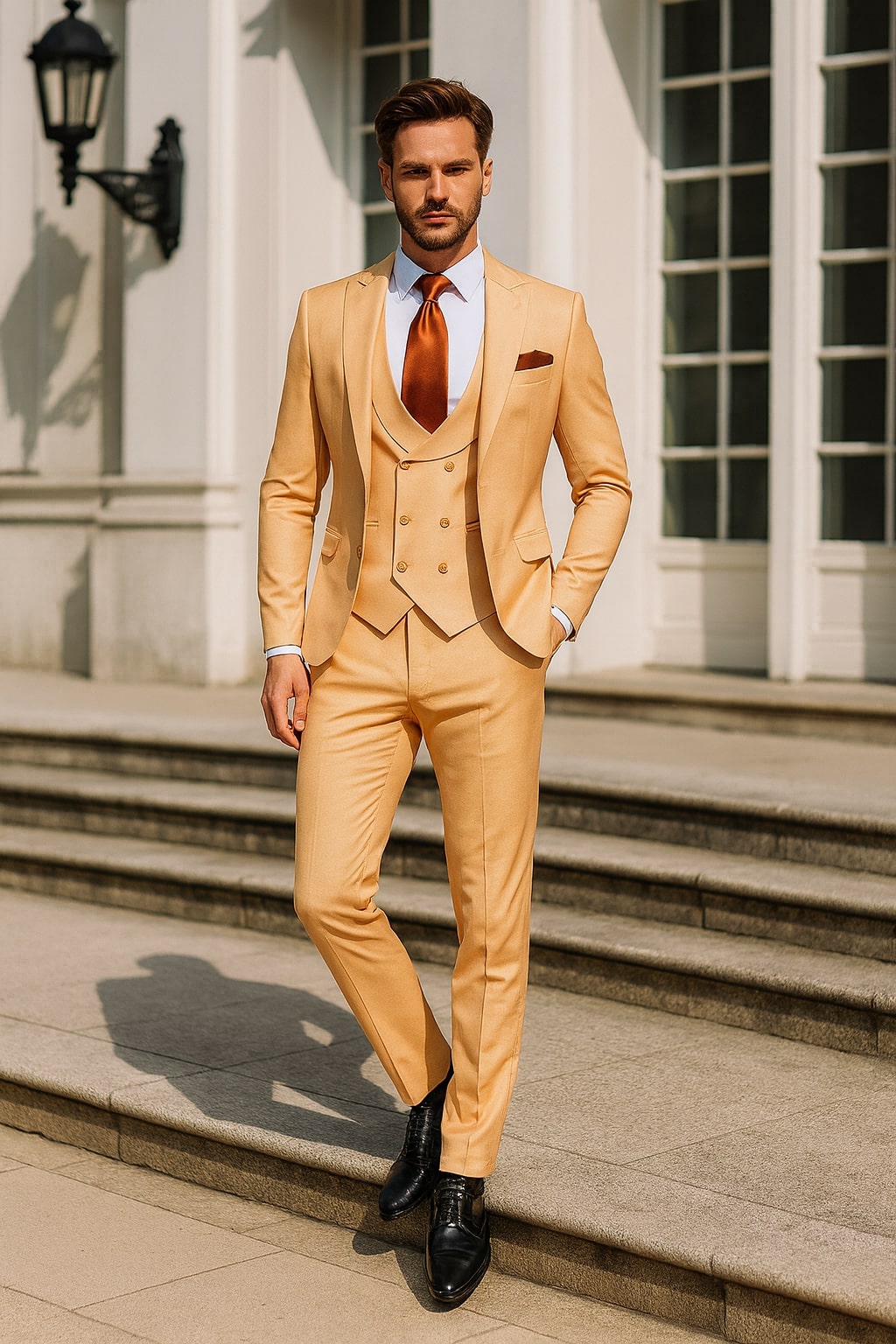 Men’s Peach 3-Piece Suit with Vest & Slim Pants