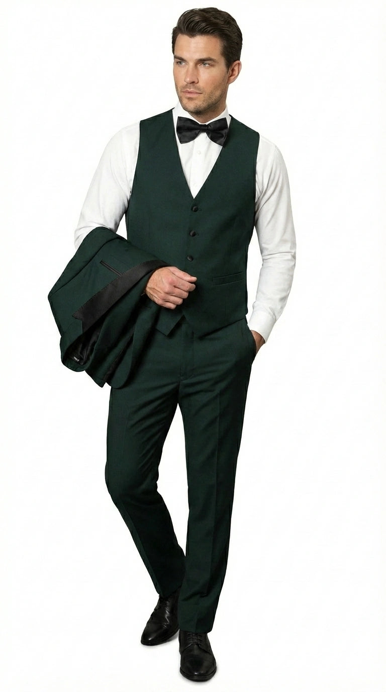 Men’s Hunter Green Tuxedo Suit 3 Piece – One Button Peak Lapel Designer Formal Suit for Wedding, Light Weight Wool By Statement Dark Green