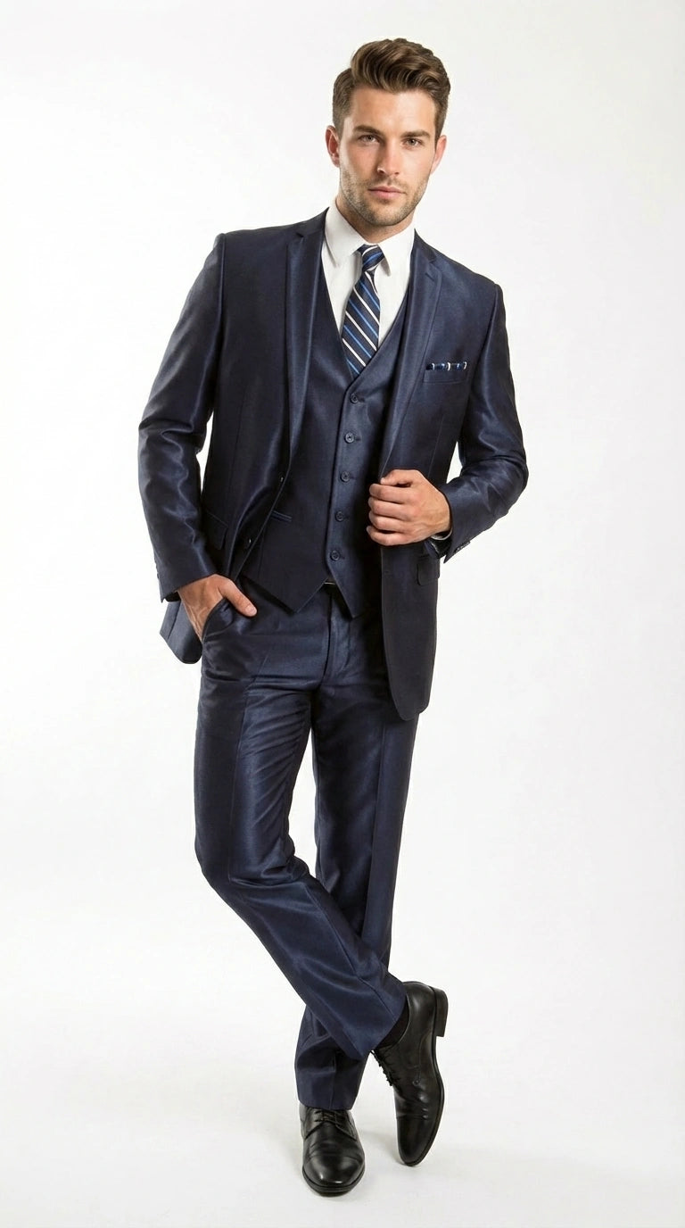 Men’s Navy Blue Sharkskin 3 Piece Suit – Two Button Vested Sleek Formal Suit for Wedding, Prom, Business and Party Wear