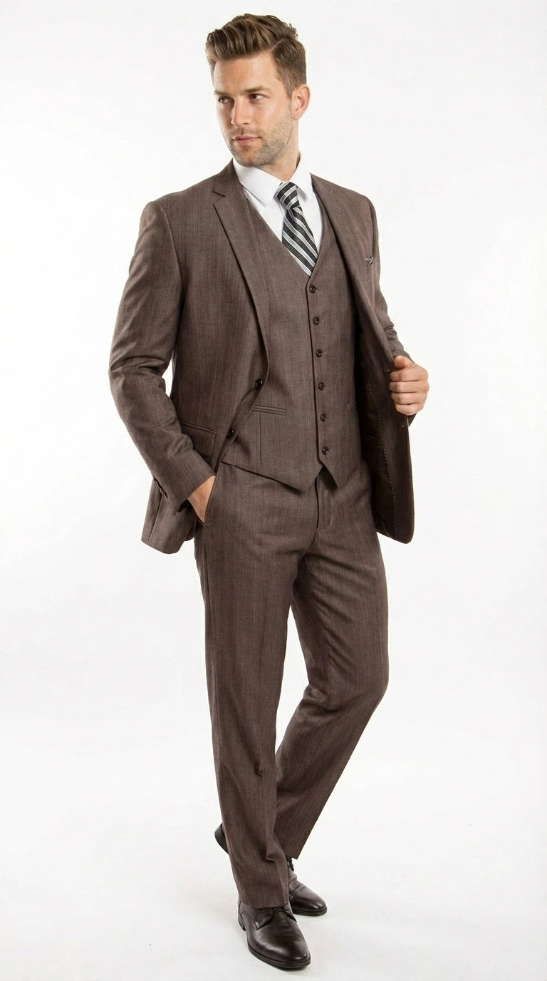 Men’s Brown Sharkskin 3 Piece Suit – Textured Two Button Vested Business Formal Suit for Wedding, Party Wear Vested