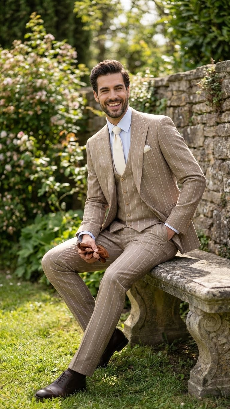 Men's Beige Pinstripe Three-Piece Vested Suit – Tailored Fit Business Attire in Tan Stripe by Rossiman