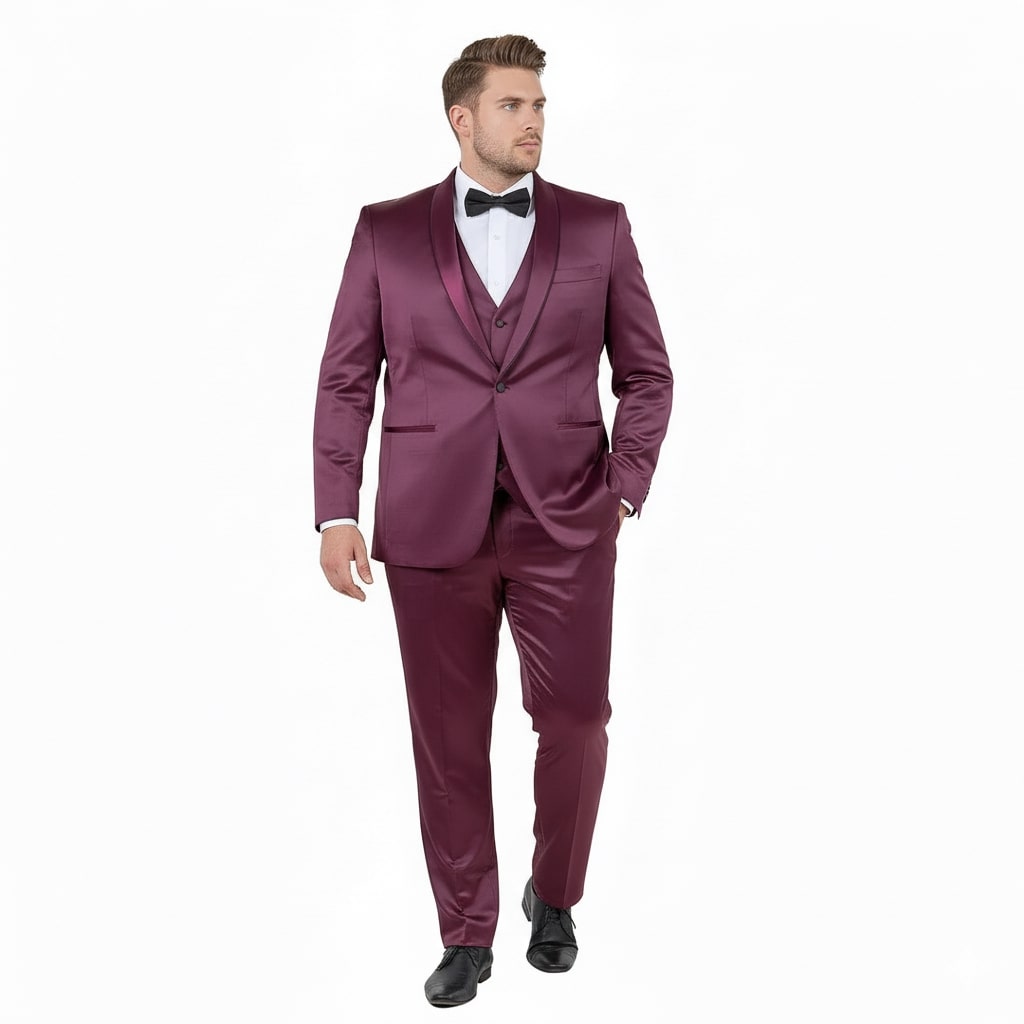 Burgundy Slim Fit Sateen Tuxedo with Shawl Lapel