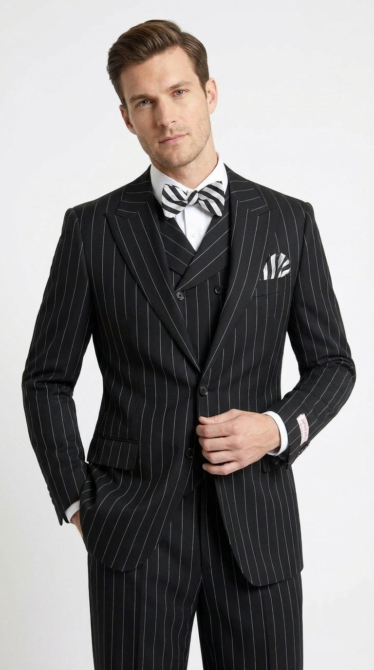 Men’s Black Pinstripe 3-Piece Suit Wool Suit – Classic Fit Single Button Suit with Wide Leg Pleated Pants By Tiglio Russo
