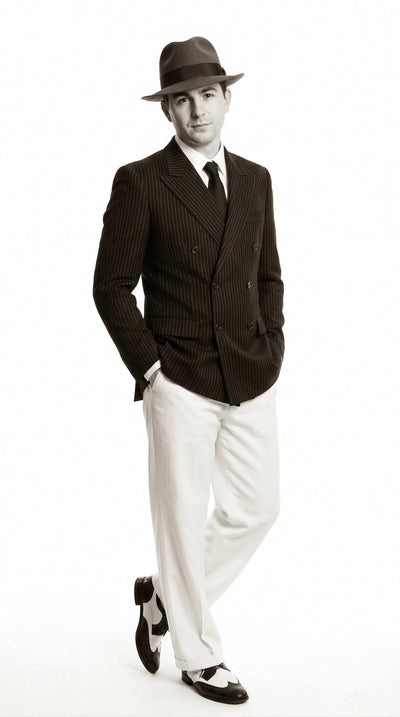 Menβs Black Pinstripe Blazer with White Pants 1920s Gangster Mob Boss Style Suit β Double Breasted Vintage Formal Jacket, Classic Party Costume Wear
