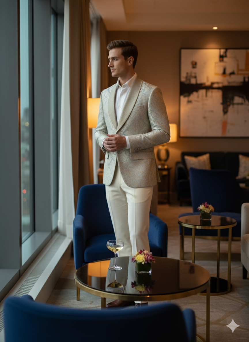 Champaign Silver & Cream Embroidered Luxury Blazer