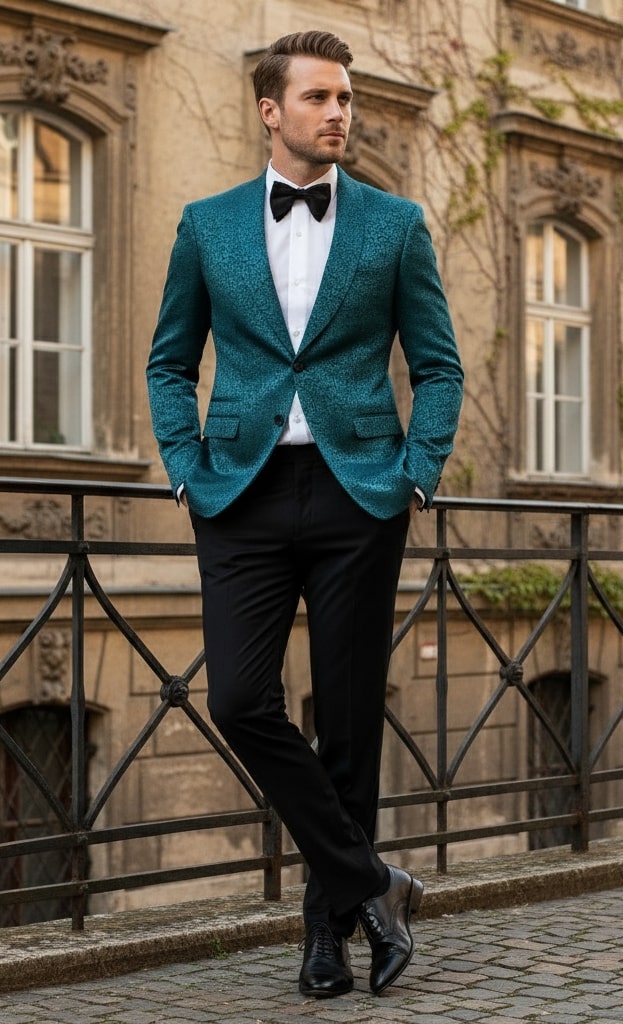 Teal Paisley Shawl Lapel Tuxedo Jacket