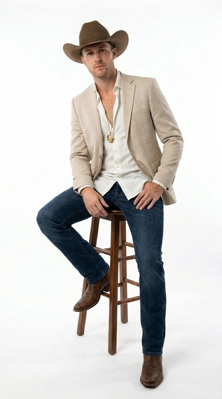 Men’s Cream Tan Beige Windowpane Plaid Western Blazer, Formal Cowboy Wedding Prom Sport Coat Jacket
