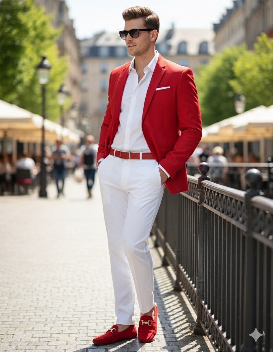 Mens Red Blazer and White Pants Set – Stylish Casual Dress Outfit For New Year Holiday and Christmas Suit