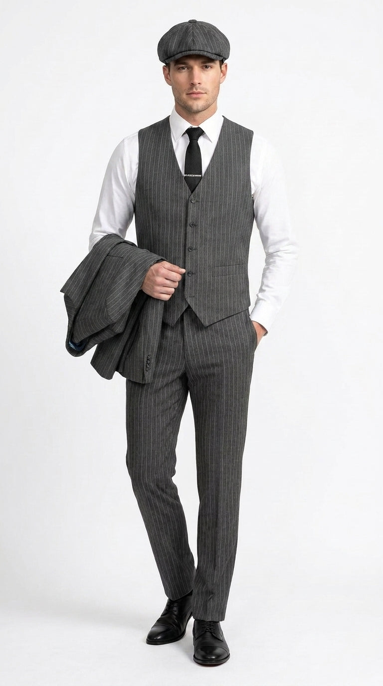 Men’s Thomas Shelby Peaky Blinders Gray Wool Suit Out fit Charcoal Grey Pinstripe 3-Piece Vintage 1920s Suit