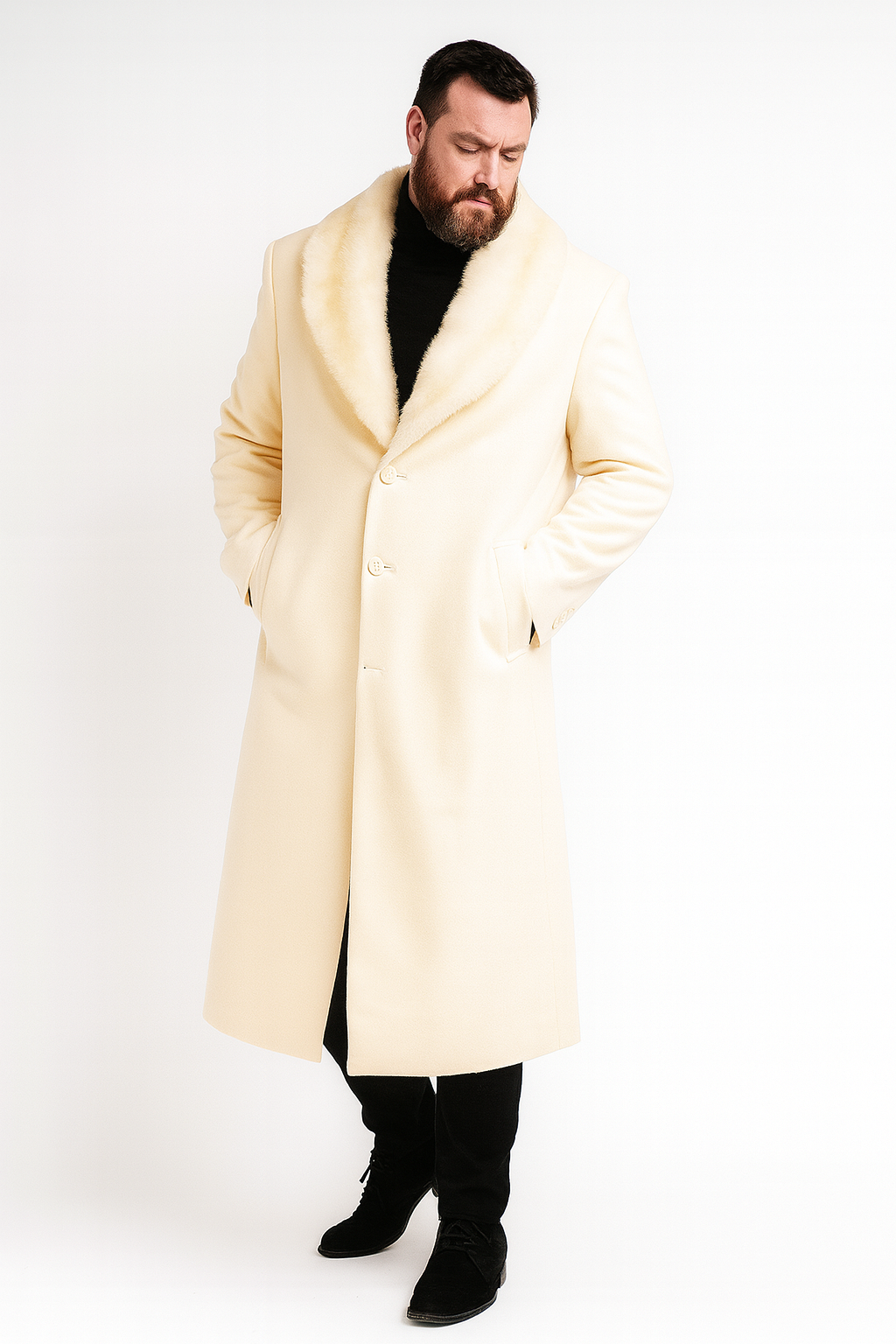 Ivory Full-Length Overcoat with Faux Fur Shawl Collar