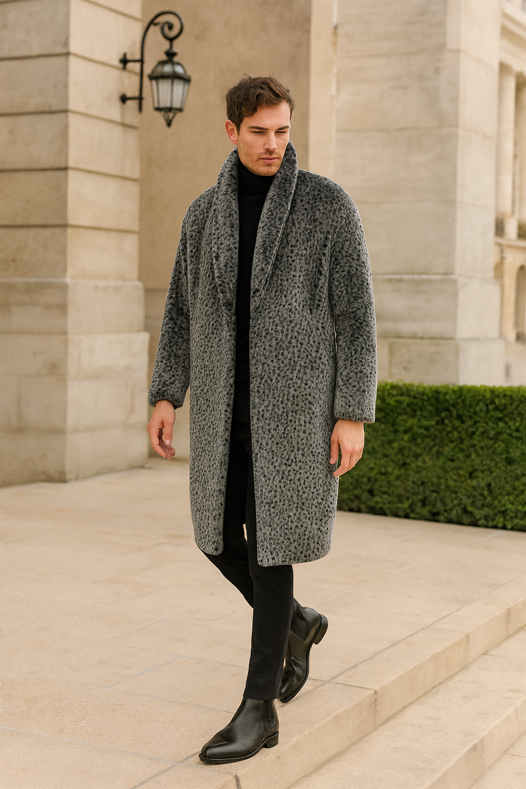 Men’s Grey Faux Fur Animal Print Overcoat
