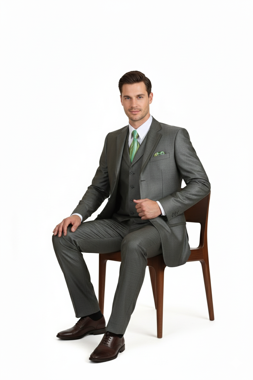 Olive Green Three-Piece Suit Classic Fit, Vest & Tie