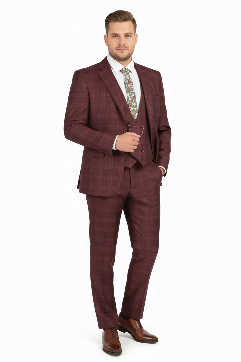 Burgundy Windowpane Classic Fit 3-Piece Suit