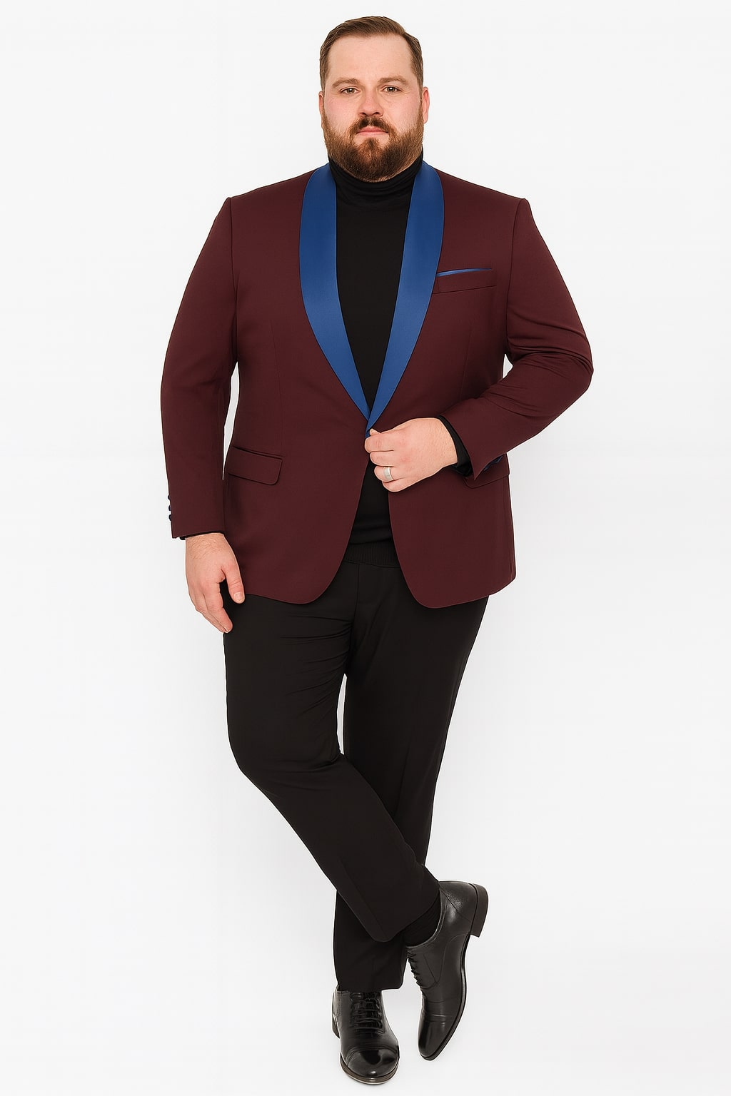 Mens Burgundy Tuxedo Dinner Jacket Blazer with Blue Satin Shawl Lapel Wedding and Party Jacket