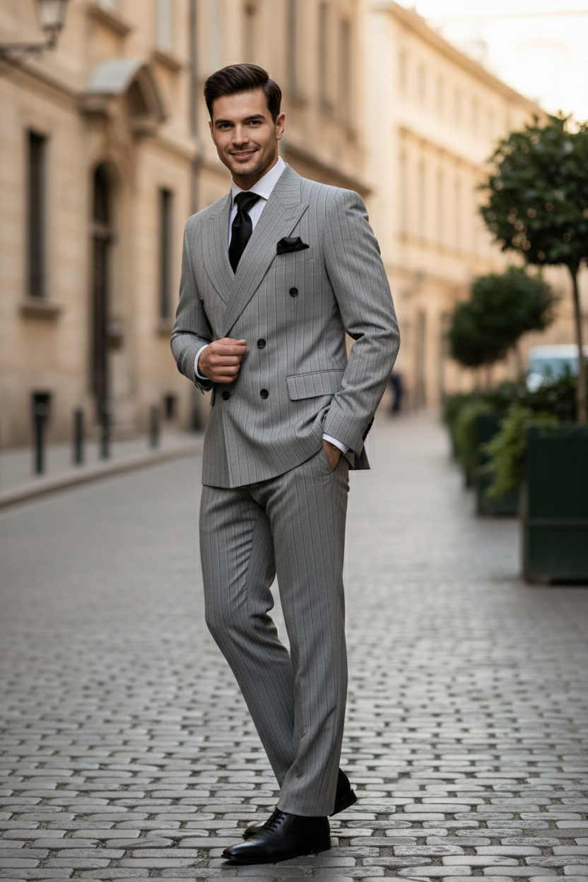 Men’s Grey and Black Pinstripe Double-Breasted Suit – 1920s Gangster Vintage Looking suit By Rossiman