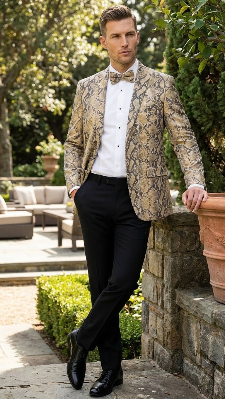 Men’s Beige and Black Snakeskin Print Blazer – Alligator Crocodile Exotic Sking Sport Coat Jacket in Tan Camel Color