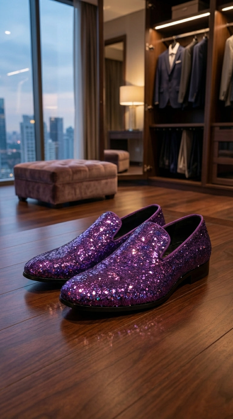Mens Purple Sequin Dress Shoes Slip on – Luxury Slip On Formal Loafers Wedding Prom Party Designer Footwear
