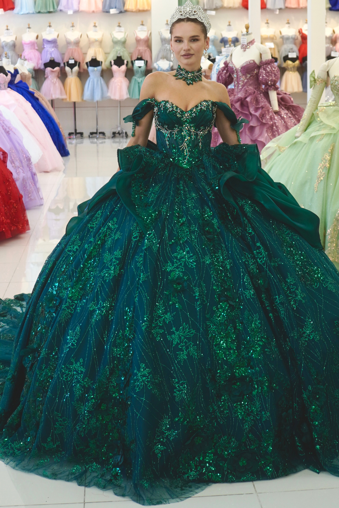 Off-Shoulder Sweetheart Beaded Corset Glitter Ball Gown Quinceañera Dress by Layla K LK313