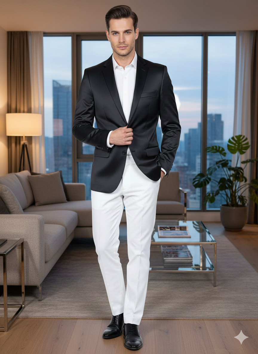 Men’s Black Satin Slim Fit Two-Button Blazer