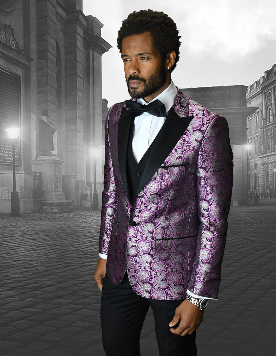 Vested Peak Lapel Floral Tuxedo in Fuschia