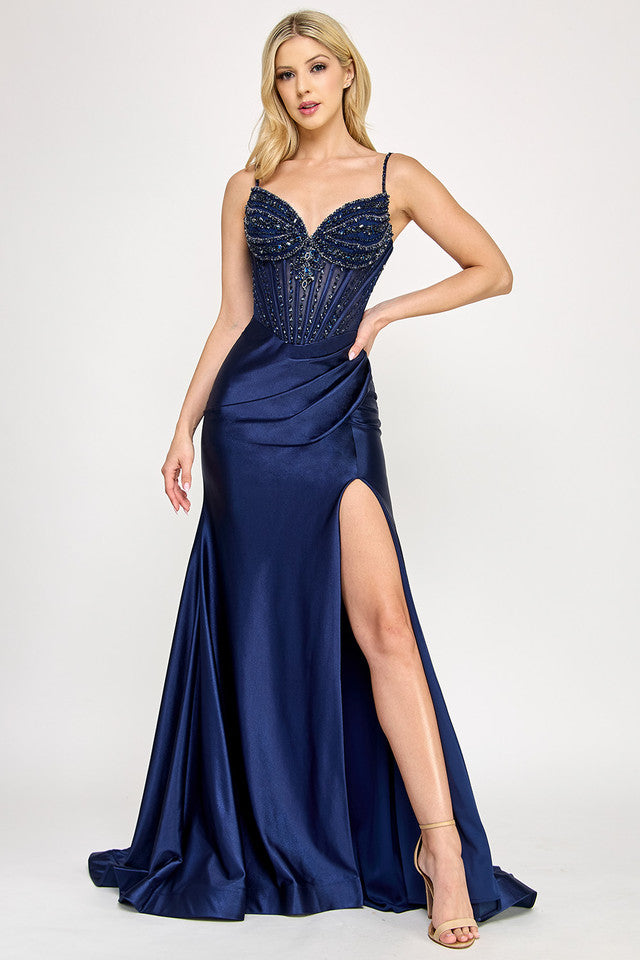 Shimmer Beaded Corset Satin Gown with Spaghetti Straps and High Slit By Lenovia 8404