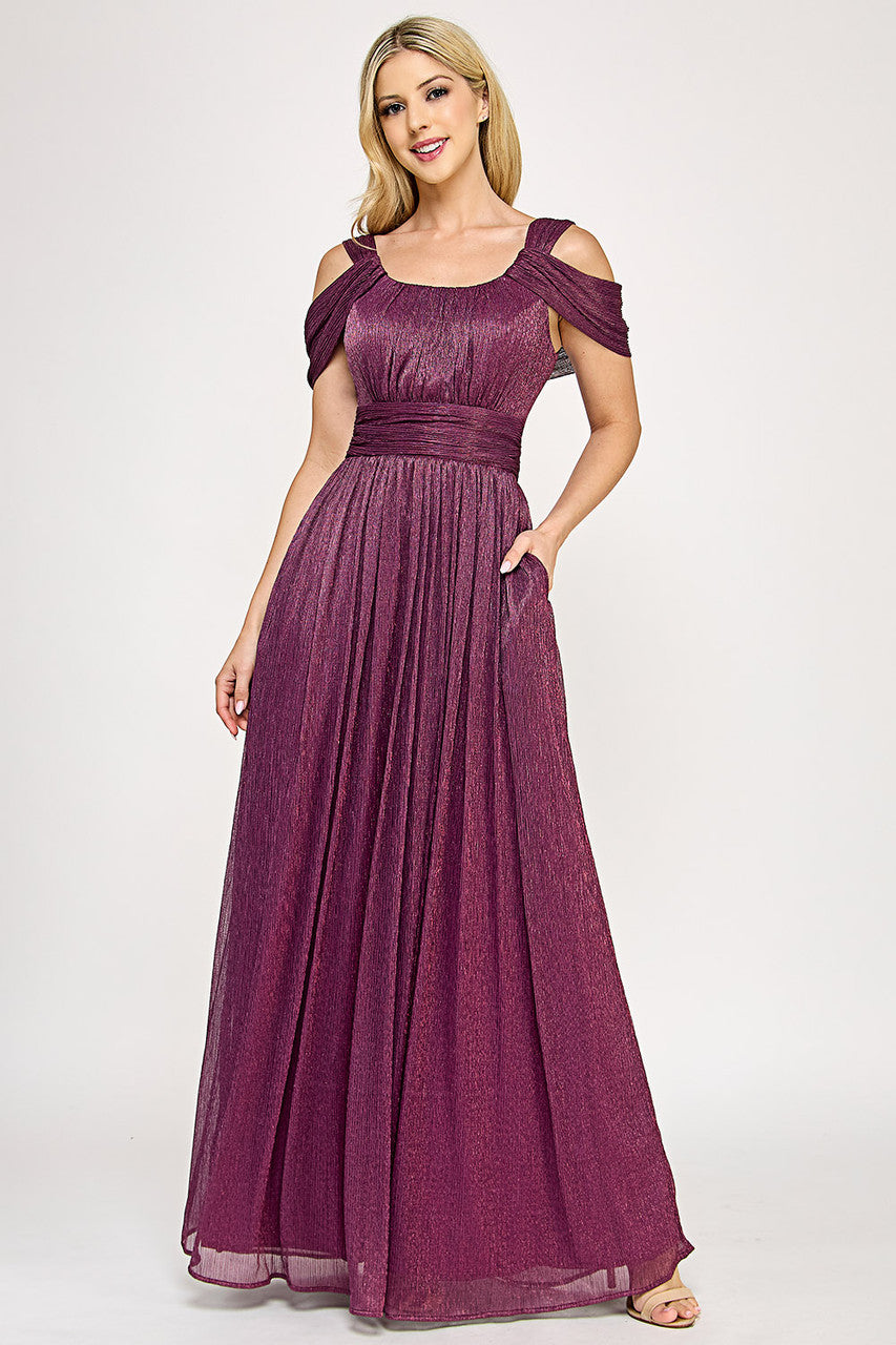 Glittering Cold Shoulder Pleated Metallic A-Line Gown with Draped Bodice By Lenovia 5327