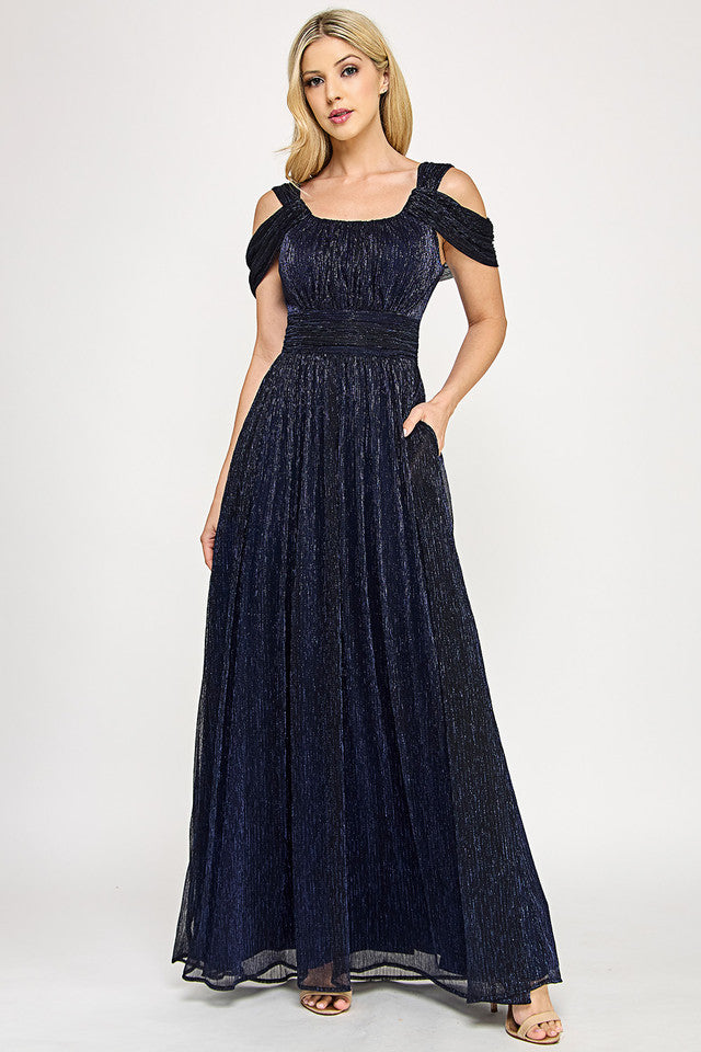 Glittering Cold Shoulder Pleated Metallic A-Line Gown with Draped Bodice By Lenovia 5327