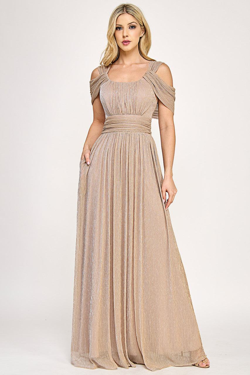 Glittering Cold Shoulder Pleated Metallic A-Line Gown with Draped Bodice By Lenovia 5327
