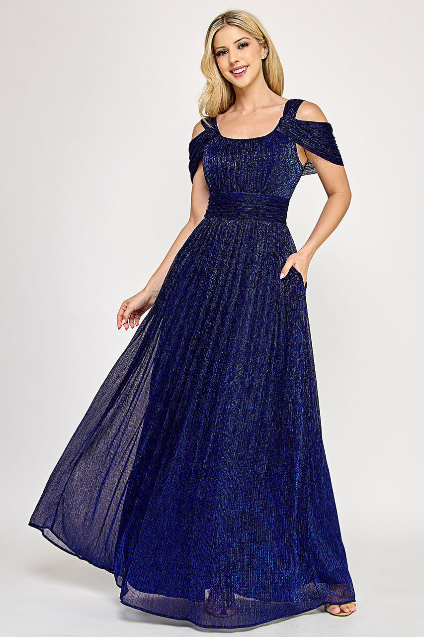 Glittering Cold Shoulder Pleated Metallic A-Line Gown with Draped Bodice By Lenovia 5327