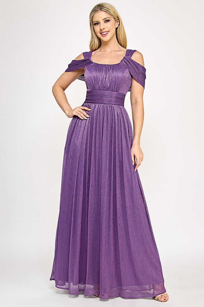 Glittering Cold Shoulder Pleated Metallic A-Line Gown with Draped Bodice By Lenovia 5327