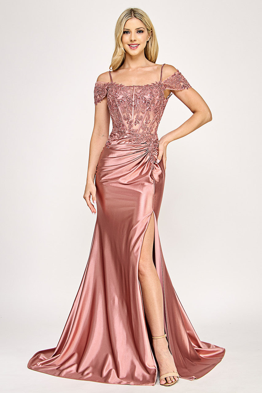 Off-Shoulder Beaded Corset Satin Gown with High Slit By Lenovia 8348
