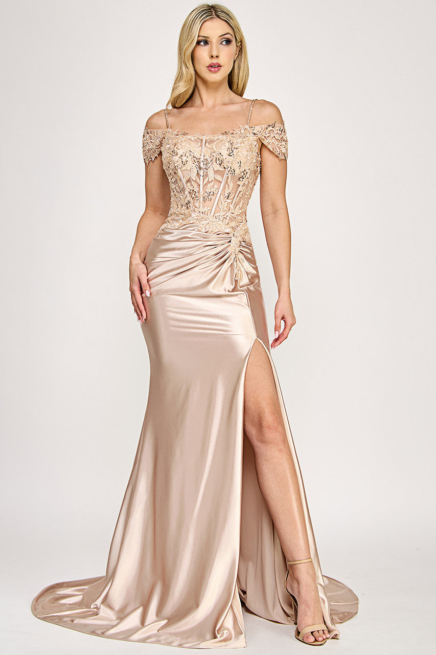 Off-Shoulder Beaded Corset Satin Gown with High Slit By Lenovia 8348